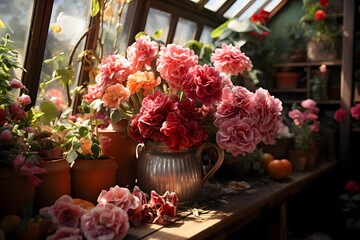 Flowers in a pot on the windowsill of a flower shop