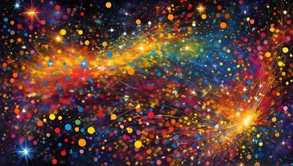 Abstract background with colorful bokeh lights and stars. 