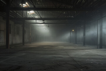 Mysterious abandoned warehouse with rays of light piercing through the fog