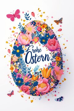 Happy Easter  german text on Celebration Card. Floral Egg Silhouette with Butterflies
