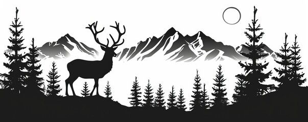 Black silhouette of deer mountains and forest fir trees camping landscape panorama illustration icon  for logo, isolated on white background, Generative AI 