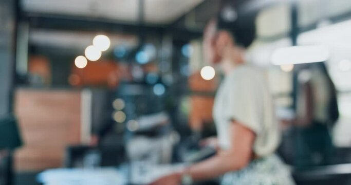 Blur, business people and walking to meeting, team planning or discussion in startup office. Group, professional or collaboration of creative designers in cooperation, brainstorming strategy or bokeh