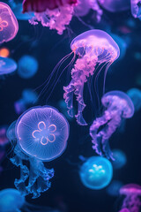 A large group of jellyfish swimming in a dark waters of the ocean. Generative AI