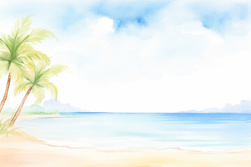 Fototapeta na wymiar A relaxing tropical paradise with palm trees gently swaying in the soft breeze and waves embracing the sandy shore , cartoon drawing, water color style