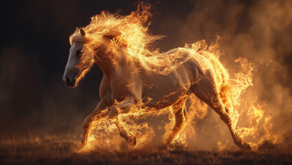 A majestic horse enveloped in flames, galloping with grace and power against a dark, dramatic backdrop.