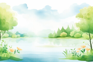 Fototapeta na wymiar A serene summer lake surrounded by a lush green forest , cartoon drawing, water color style