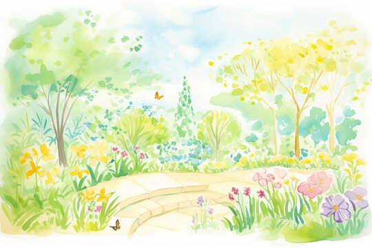 A serene depiction of an English garden on a sunny day , cartoon drawing, water color style