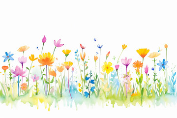 A spring meadow with wild flowers, full of vibrant colors creating a decorative art piece , cartoon drawing, water color style