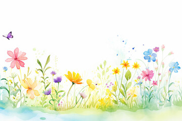 A spring meadow with wild flowers, full of vibrant colors creating a decorative art piece , cartoon drawing, water color style