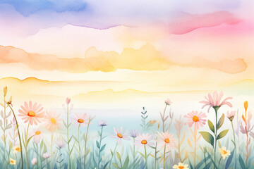 Fototapeta na wymiar A stunning display of wildflowers against the backdrop of a setting sun , cartoon drawing, water color style