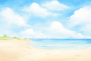 A stunning kea-blue sky filled with wispy clouds over a peaceful, sandy beach , cartoon drawing, water color style