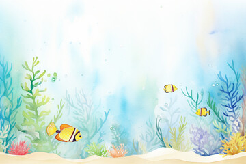 Obraz na płótnie Canvas A stunning ocean floor vista featuring tropical fish and colorful coral reefs , cartoon drawing, water color style