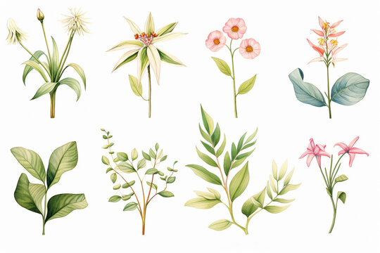 A set of vintage-inspired botanical drawings featuring various plant species , cartoon drawing, water color style
