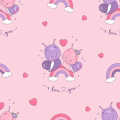 Seamless pattern with loving couple snails on rainbow on pink background with hearts. Funny kawaii insect girl and boy character. Vector illustration. romantic valentine backdrop I love you.