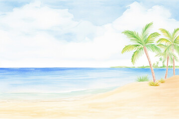 Fototapeta na wymiar A tropical beach with crystal clear sea and white sand , cartoon drawing, water color style