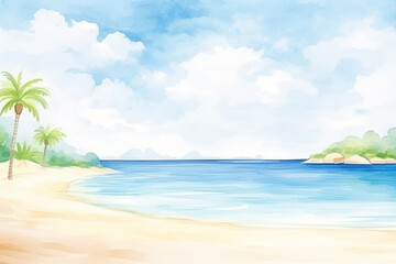 Fototapeta na wymiar A tropical beach with crystal clear sea and white sand , cartoon drawing, water color style