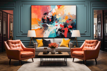 Step into the charm of mid-century style in your modern living room. Visualize two armchairs set against a terra cotta wall, with a vibrant and colorful rug completing the scene. 