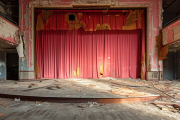 Abandoned theater stage with torn red curtains and decaying ornate interior