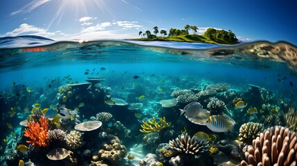 Underwater panorama of tropical coral reef. Underwater world.