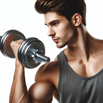 young man exercises with dumbbells isolated on white background