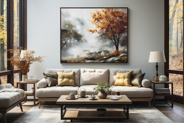 Transform your living space into a gallery of serenity with a simple frame highlighting a beautiful nature painting that becomes a focal point of relaxation and contemplation.