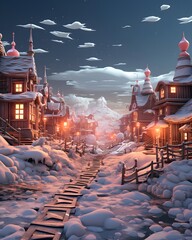 3D CG rendering of Snow town with train. High quality photo