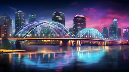 Panoramic view of the city at night. The bridge over the river.