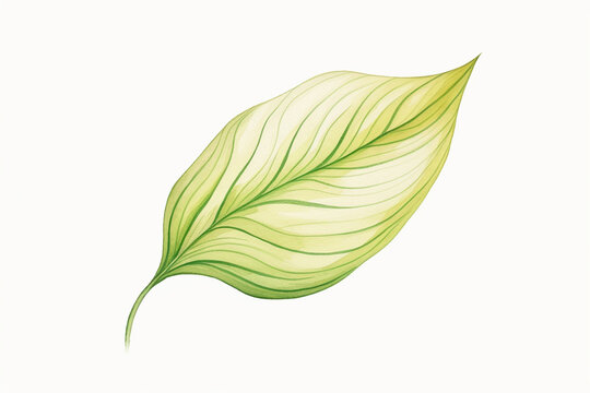 An illustration of a green leaf with intricate vein details in a botanical style , cartoon drawing, water color style
