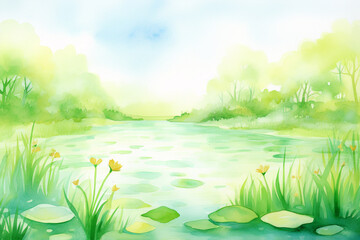 Fototapeta na wymiar Artistic painting of a sunlit swamp, vibrant with green hues and teeming with life , cartoon drawing, water color style