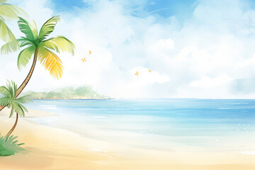 Fototapeta na wymiar Artistic rendition of a Caribbean bay bathed in sunlight , cartoon drawing, water color style