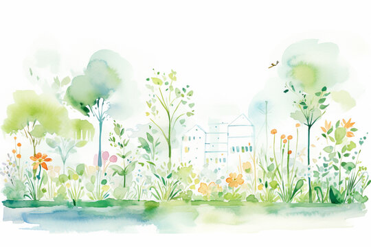 Artistic interpretation of a bustling, green garden in the height of summer , cartoon drawing, water color style