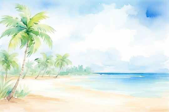 Beautiful bay surrounded by palm trees, capturing the tranquility of tropical surroundings , cartoon drawing, water color style