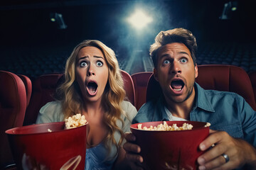 Valentine's Cinema Date: Scared Couple Watching a Horror Movie Together - obrazy, fototapety, plakaty