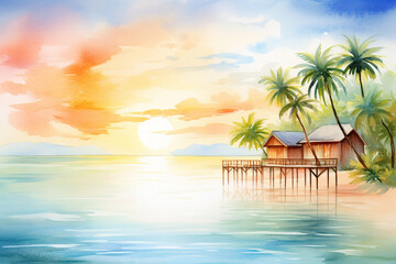 Fototapeta na wymiar Capture the tranquil beauty of a seascape resort during sunset in a watercolor painting , cartoon drawing, water color style