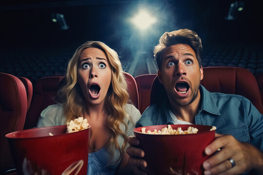 Valentine's Cinema Date: Scared Couple Watching a Horror Movie Together