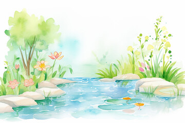 Fototapeta na wymiar Drawing of a tranquil garden scene, giving off an aura of peace and calm , cartoon drawing, water color style