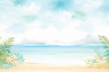 Fototapeta na wymiar Dreamy image of fluffy clouds floating over a turquoise sea and palm-studded coastline , cartoon drawing, water color style