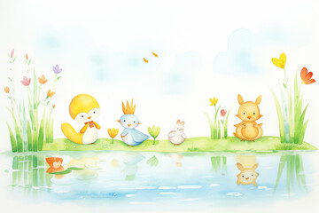 Engaging watercolor of wildlife frolicking around a sleepy pond , cartoon drawing, water color style