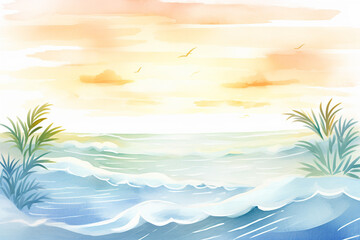 Fototapeta na wymiar Glistening waves under a radiant sun on an exotic bay , cartoon drawing, water color style