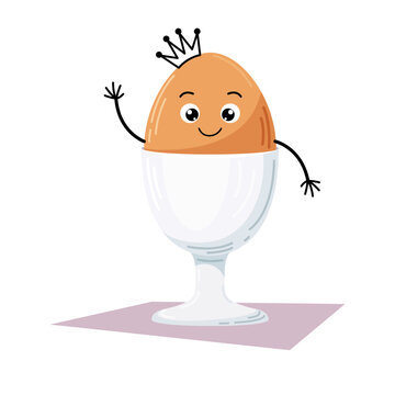 Vector illustration of a cute, cartoon, smiling egg in a crown on a stand. Children's image for prints, stickers, children's room decoration. An egg with a face. Egg emoticons.