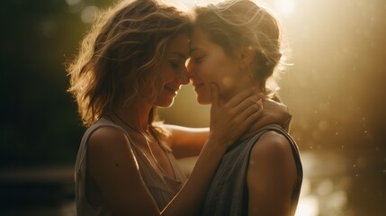Close-up of a happy lesbian couple hugging at sunset.