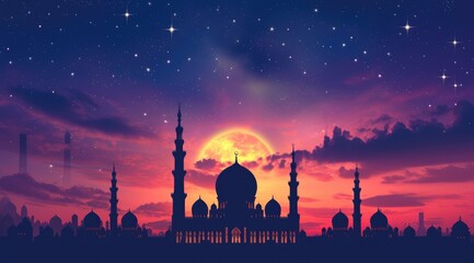 A beautiful silhouette of a mosque and Mesmerizing night view of a mosque under starry sky and bright moon. Perfect for Ramadan, Eid, or Islamic religious themed designs.