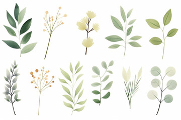 Hand-drawn illustrations of various botanical elements, perfect for a naturalistic decor , cartoon drawing, water color style - obrazy, fototapety, plakaty