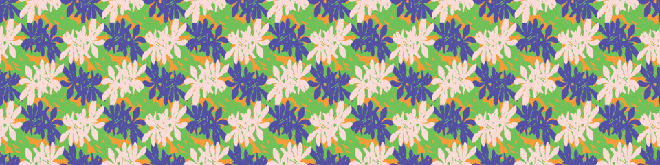 Fototapeta na wymiar Trendy vector floral pattern with organic botanical shapes border. Modern bold summer flower print, ribbon design in scandi style.
