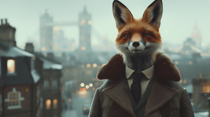 Suave Fox in the City. Sophisticated Anthropomorphic Fox Wearing a Classy Outfit Against a London Backdrop - A Fusion of Wildlife and Urban Elegance in Digital Art