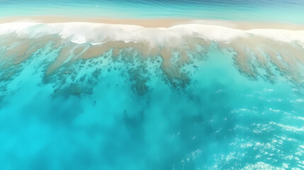 Sandy beach with light blue transparent water waves and sunlight, tranquil aerial beach scene