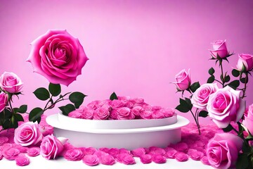 Podium background flower rose product pink 3d spring table beauty stand display nature white. Garden rose floral summer background podium cosmetic valentine easter field scene gift purple day