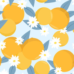 Seamless pattern of juicy oranges and blue branches with leaves and flowers