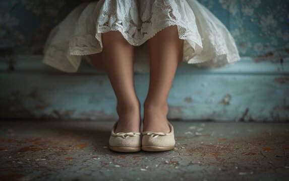 A little girl in a lace dress and ballet flats, standing by a weathered wall, evoking a sense of nostalgia and elegance.