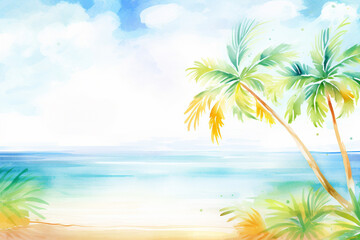 Palm trees swaying gently by a calm turquoise coastline under a vibrant sun , cartoon drawing, water color style